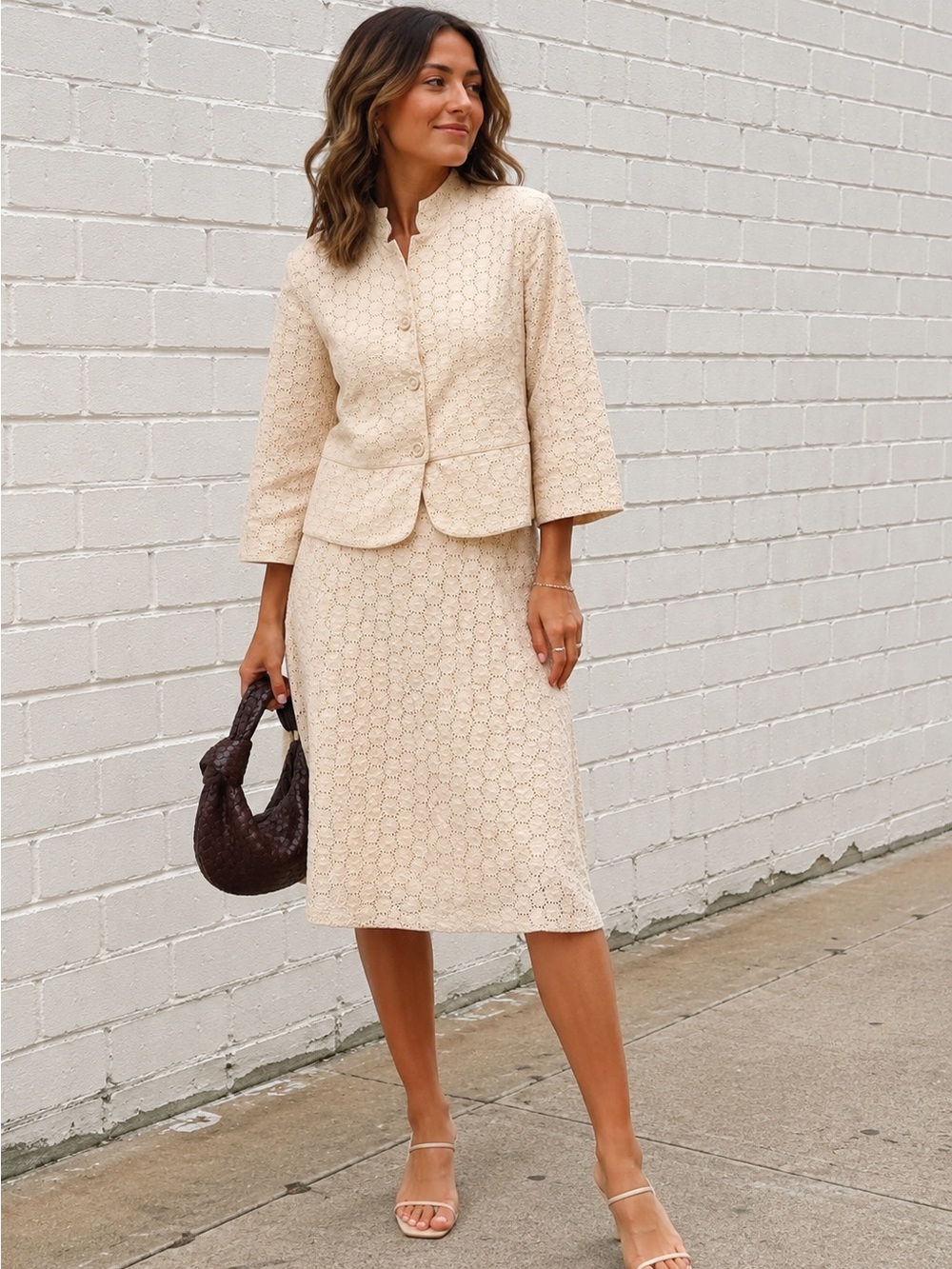 Willi Smith Cream Lace Midi Skirt and Jacket Set